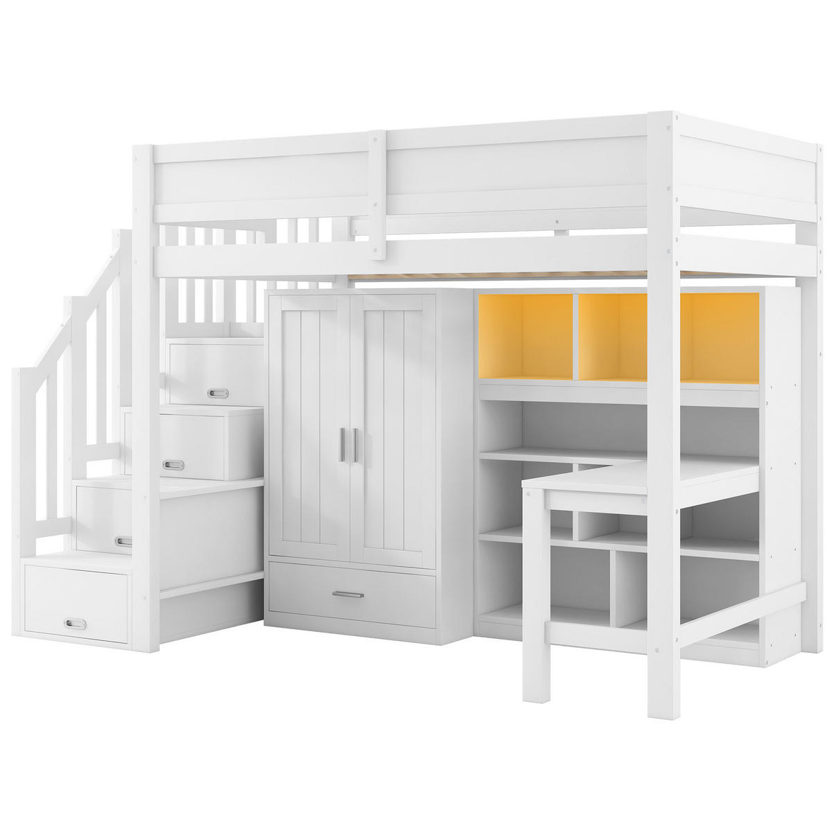 HOCHBETT mit Schreibtisch, Schrank und Stauraumtreppe 90x200 cm Weiß - Weiß, Holzwerkstoff (90/200cm) - Beauniv