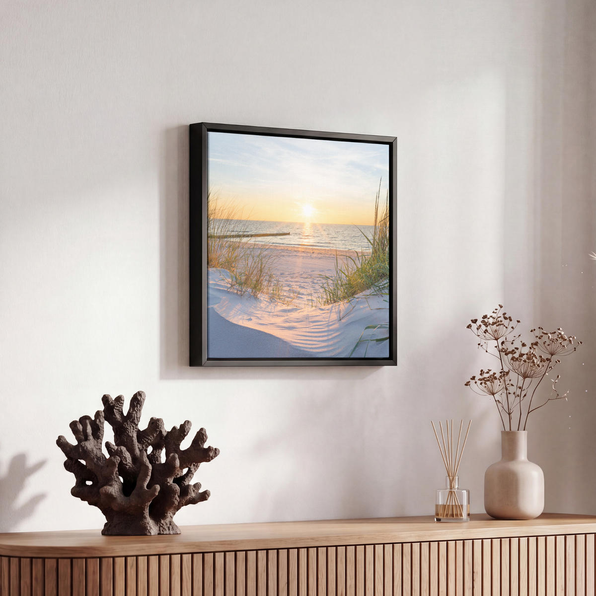 LEINWAND Bilder mit Rahmen - Strand - Sonne - Düne - Gras - Sand - Horizont - 20x20 - Hellblau, Textil (20/20cm) - MuchoWow
