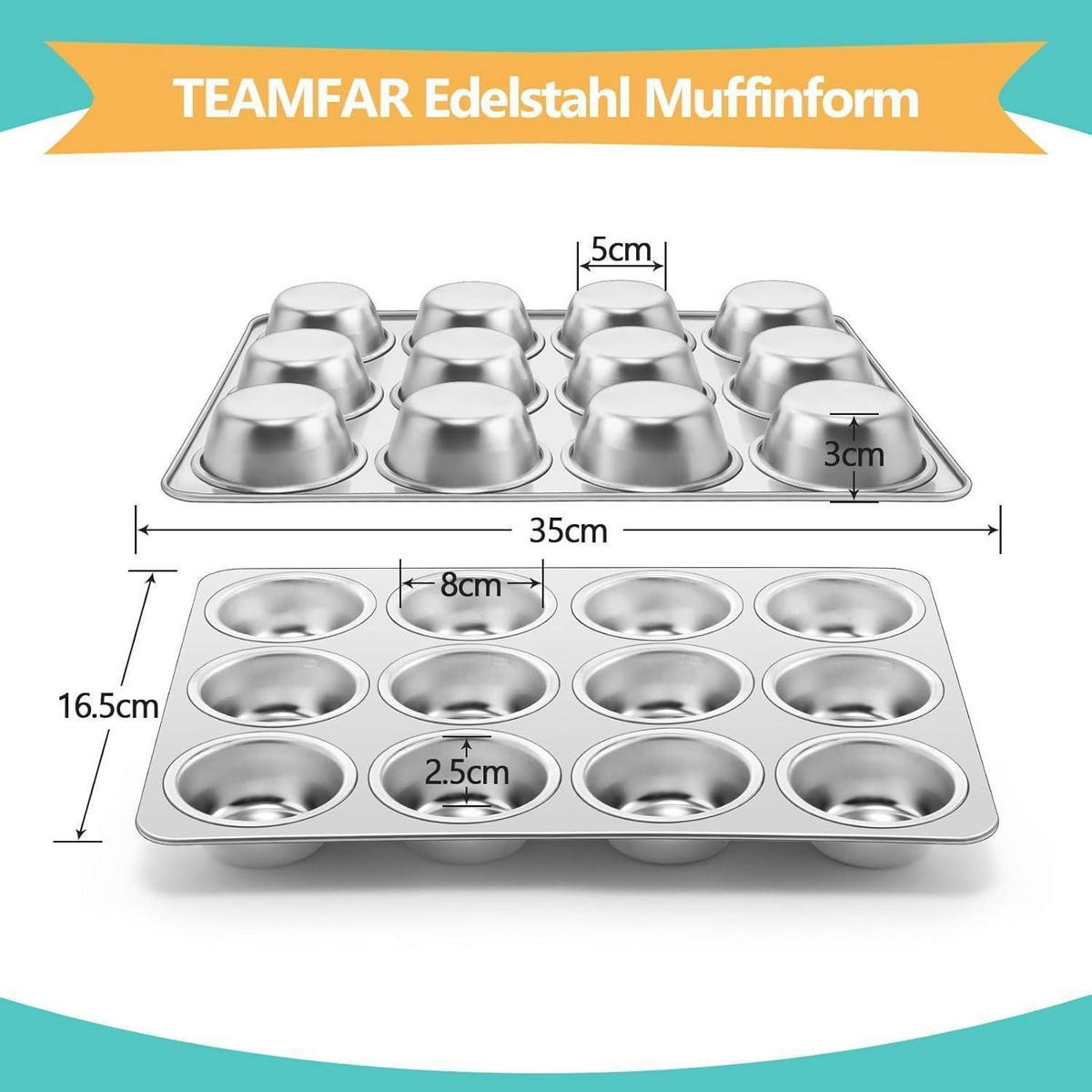 MUFFINBACKFORM 2er Set Edelstahl 12 Muffins - Silberfarben, Metall (26.5/3/35cm)
