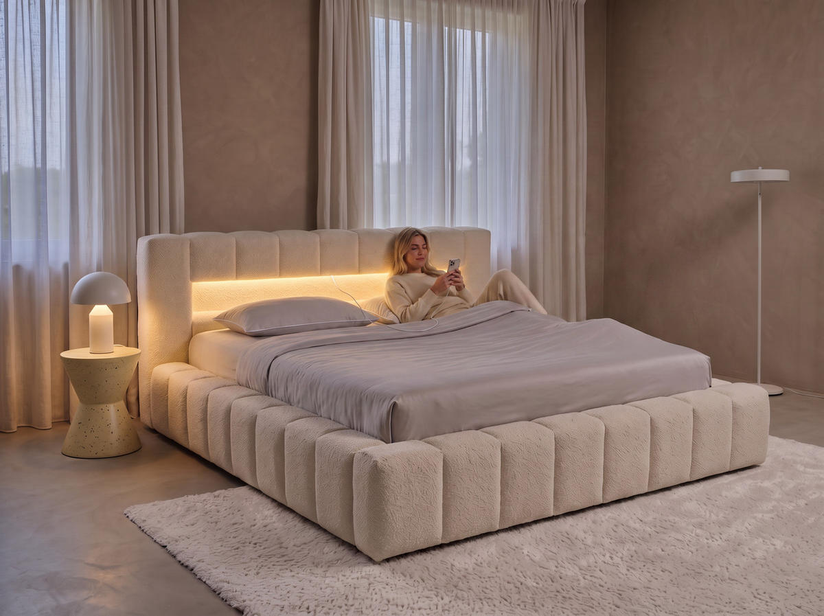 POLSTERBETT Mira-Lights Hellbeige 180/200 cm mit Bettkasten, Matratzen - Beige, Textil/Metall (180/200cm) - wonello