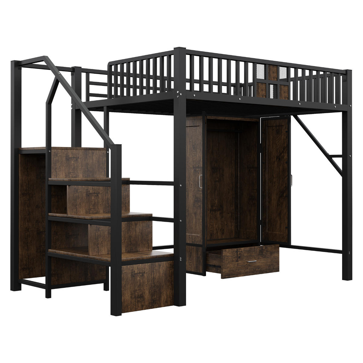 HOCHBETT 140/200 cm Schwarz mit großem Kleiderschrank und Schubladen - Schwarz, Metall (140/200cm) - OKWISH