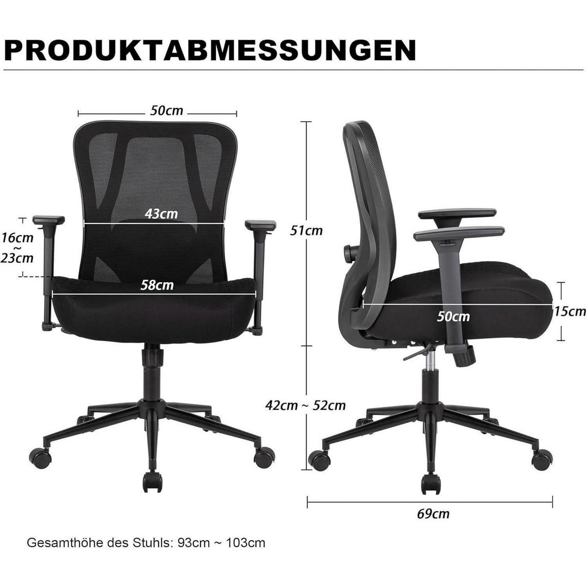 BÜROSTUHL mit Lendenwirbelstütze und 230kg Belastbarkeit Schwarz - Schwarz, Textil (73/93/69cm)