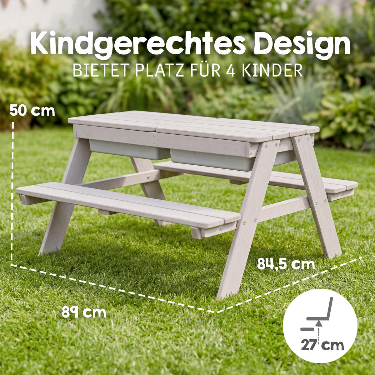 KINDERSITZGARNITUR OUTDOOR + mit Spielwannen und Bankkissen - Hellgrau, Holz - Roba