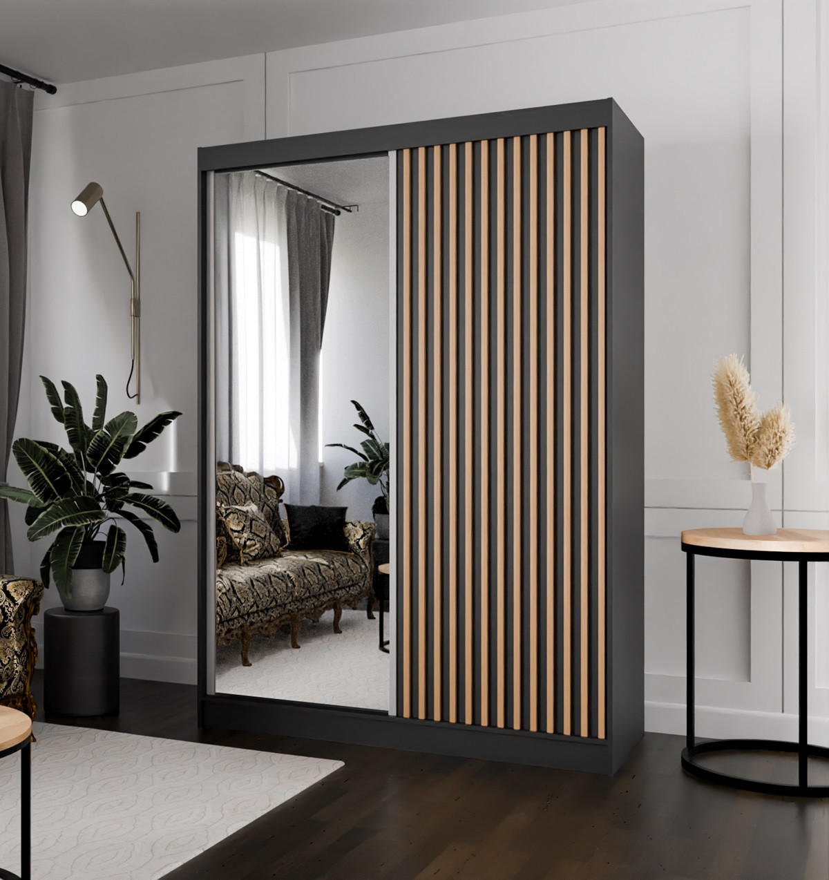 SCHRANK Schwarz Mit Lamellen Und Spiegel Craft Gold 120 cm - Schwarz, Holzwerkstoff (120/215/61cm) - Sepro Meble