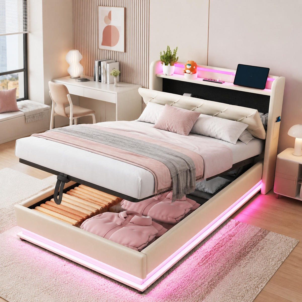 POLSTERBETT 90/200 mit LED, hydraulischem Stauraum und USB/Type-C-Anschlüssen in Beige - Beige, Holzwerkstoff/Textil (90/200cm) - EVRYAE