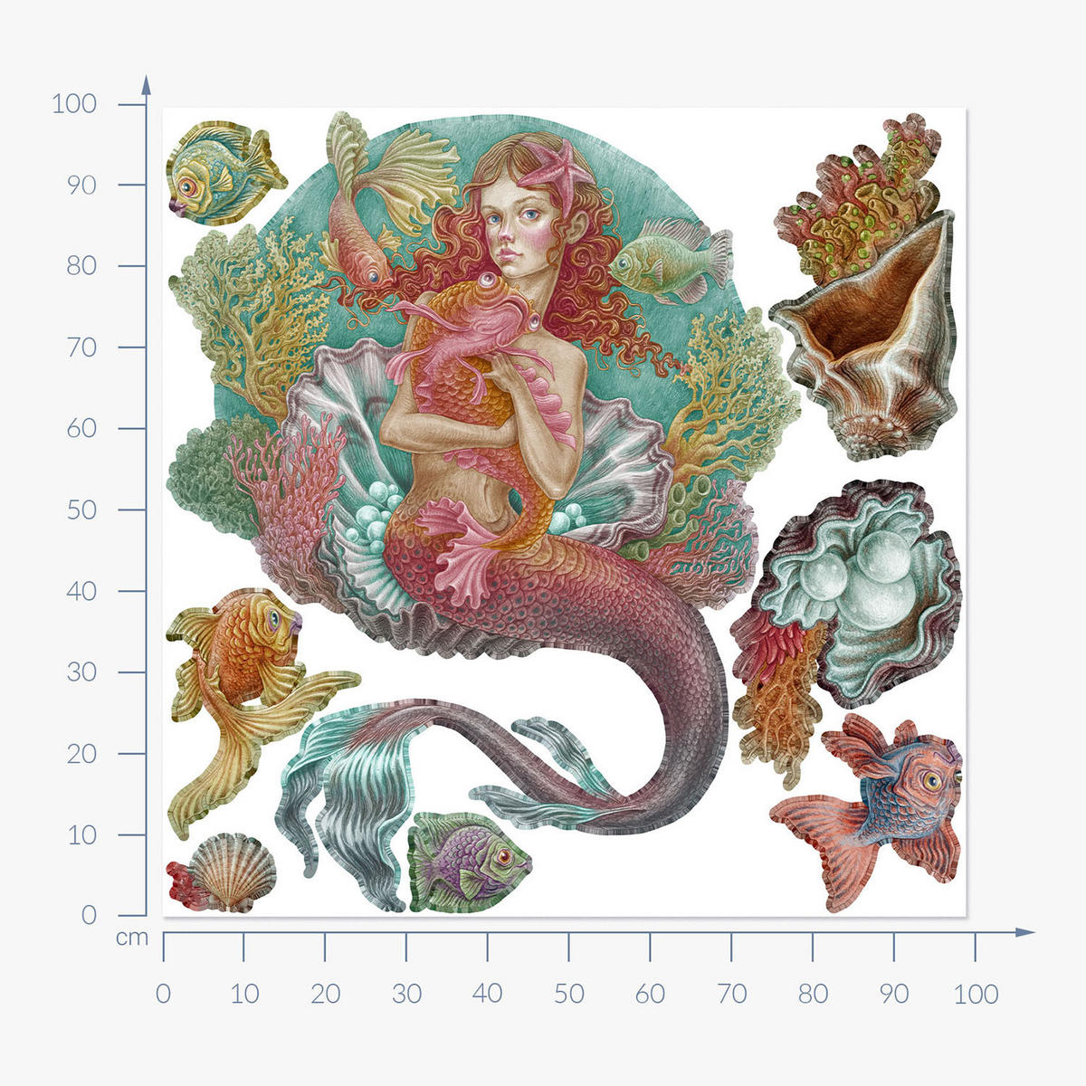 WANDAUFKLEBER 100x99cm - Meerjungfrauen-Zeichentrickwelt - Multicolor, Kunststoff (100/99/0.1cm) - Wallfluent