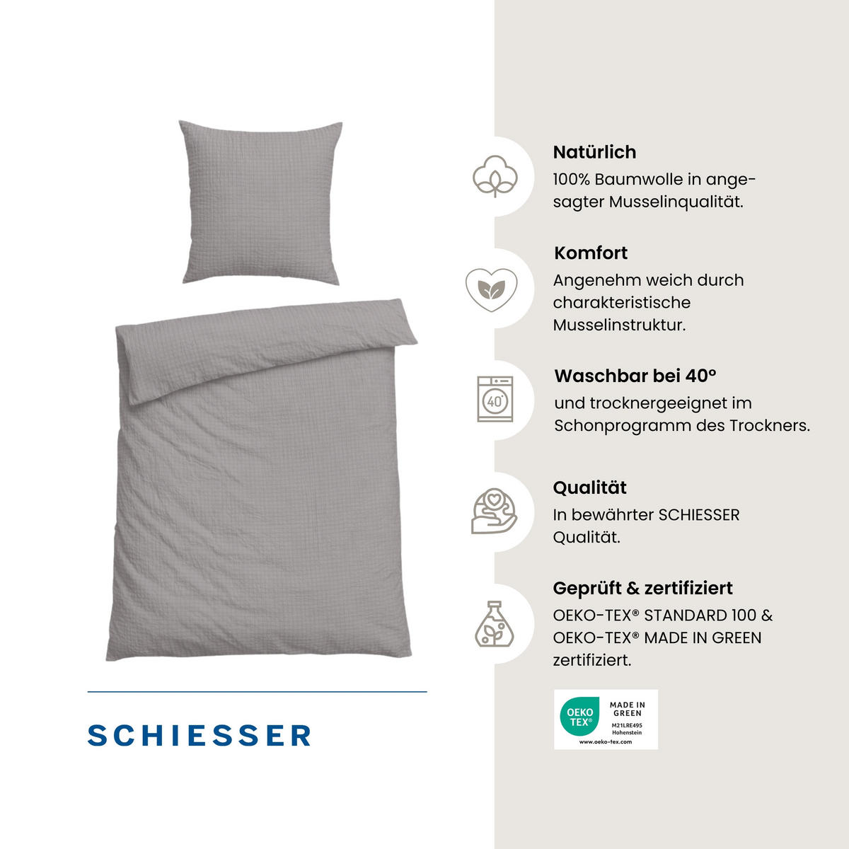 BETTWÄSCHESET Molly - Musselin - 2-teilig - 135 x 200 cm - Grau - Grau, Textil (135/200cm) - SCHIESSER
