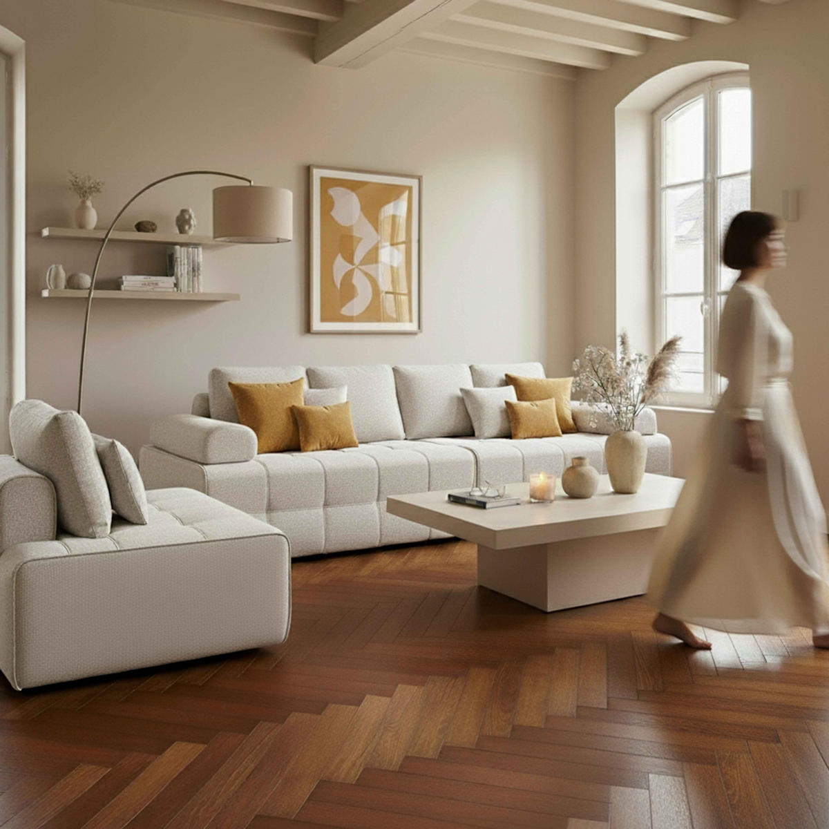 RECHTER SESSEL, Ekru - Weiß, Textil (112/65/140cm) - Oviala