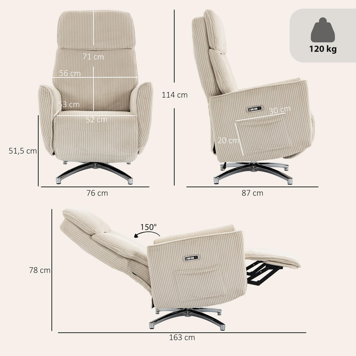 RELAXSESSEL Polyester Cremeweiß - Silberfarben/Creme, Textil/Metall (76/114/87cm) - HOMCOM