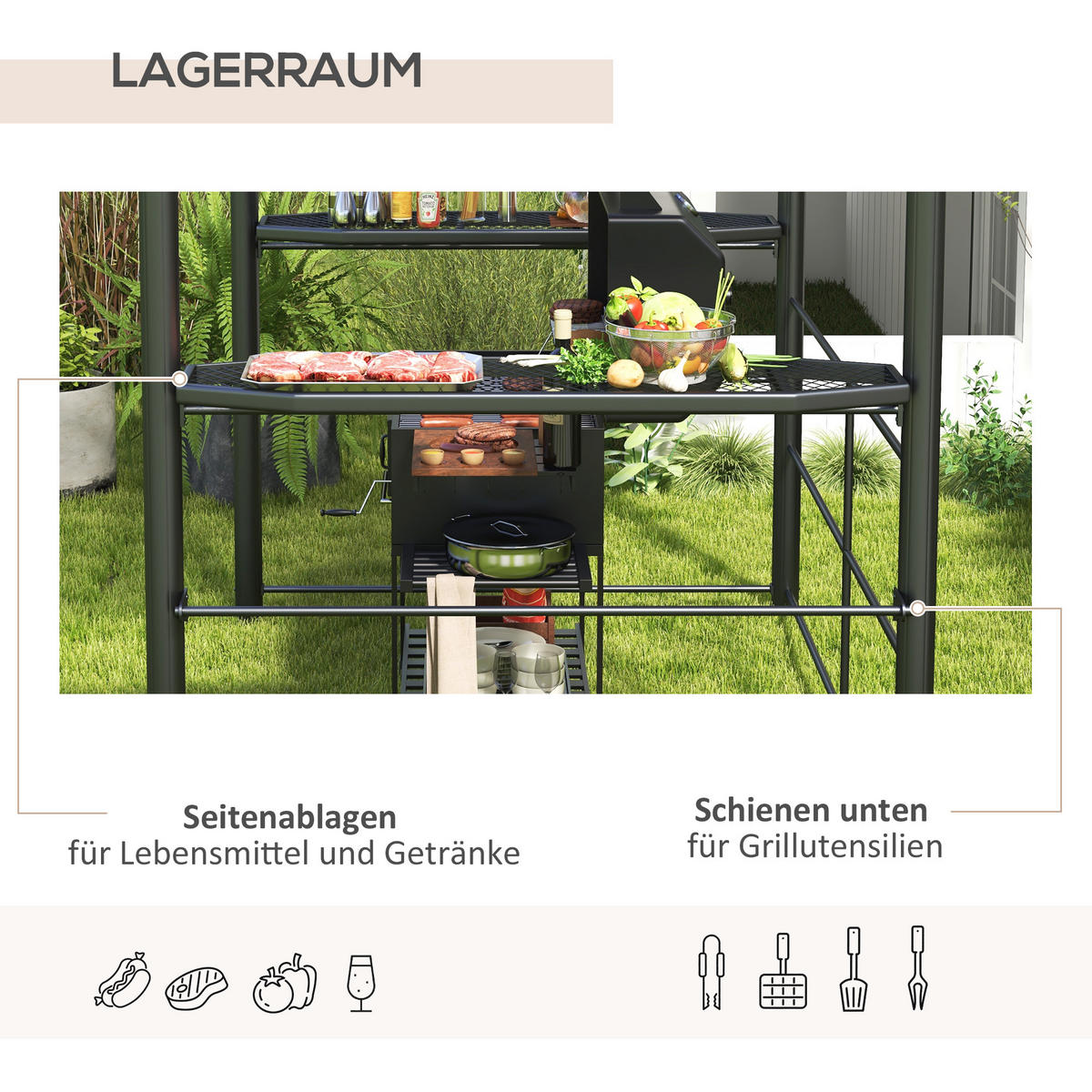 GRILLPAVILLON Stahl PC Dunkelgrau - Dunkelgrau/Braun, Kunststoff/Metall (150/230/240cm) - Outsunny