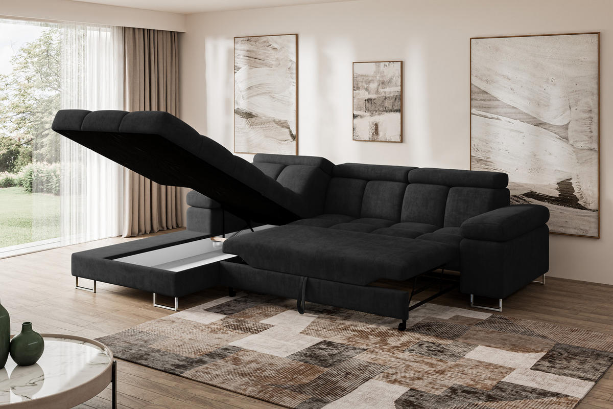 ECKSOFA mit Schlaffunktion Ottomane Links COMA L 271x203x79 Schwarz Velours - Schwarz, Holzwerkstoff/Textil (271/203cm) - ALTDECOR