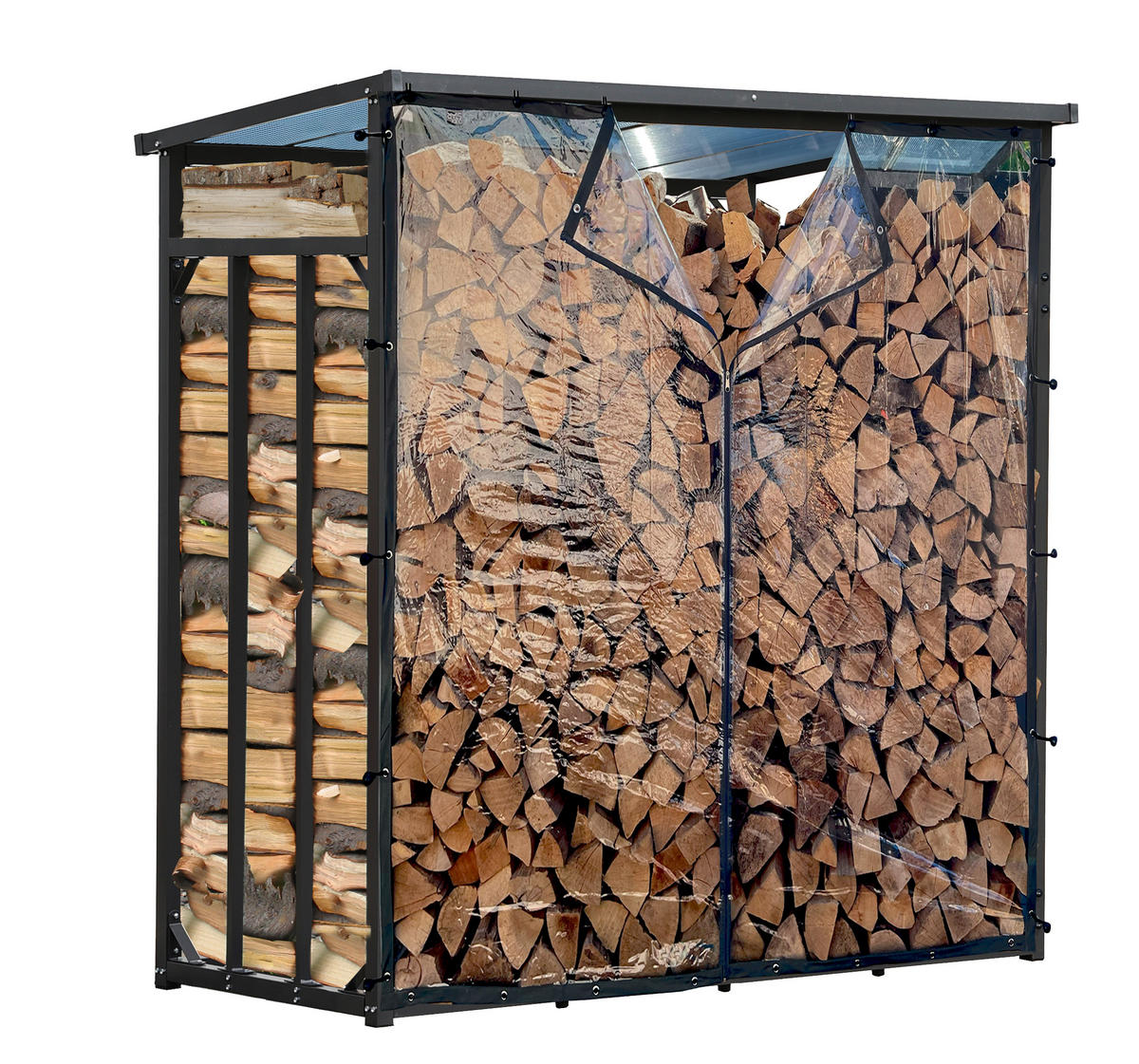 KAMINHOLZREGAL Außen Pro 143/70/145 cm Metall Anthrazit mit Wetterschutz Transparent 1,4 m³ / 2 SRM - Transparent/Anthrazit, Metall (143/145/70cm) - QUICK STAR