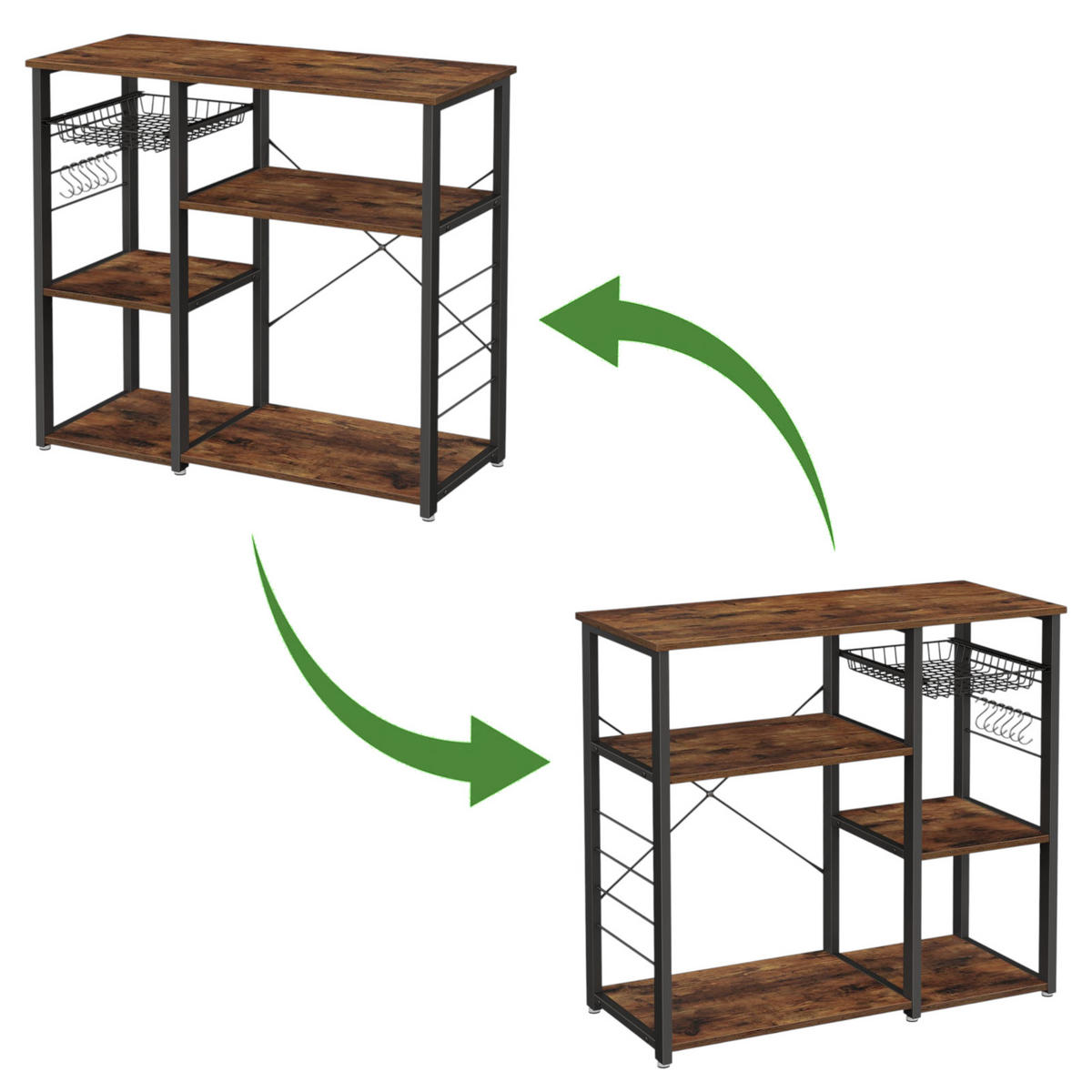 KÜCHENREGAL Holzoptik Metall Dunkelbraun Schwarz mit Haken & Korb 90x40x84 cm - Dunkelbraun/Schwarz, Holzwerkstoff/Metall (90/84/40cm) - Begryf