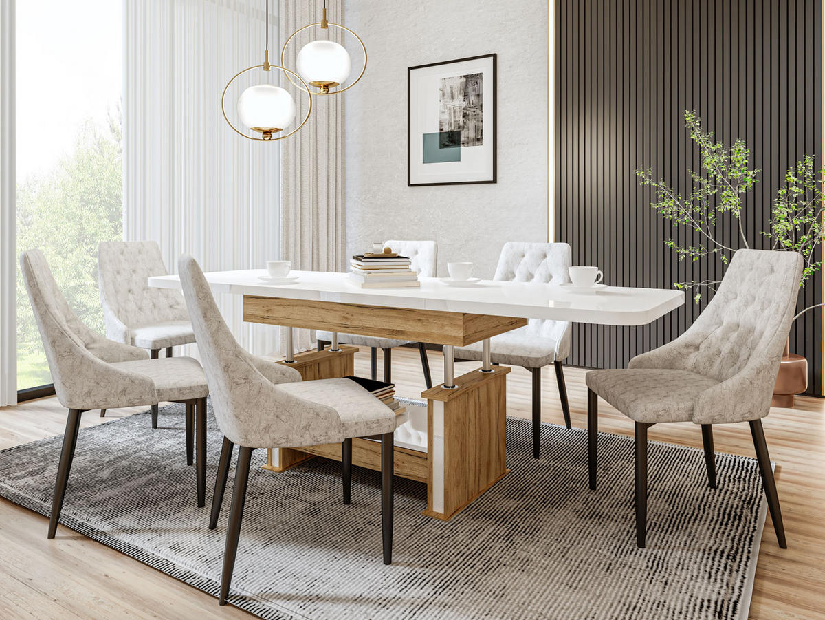 COUCHTISCH rechteckig Weiß Hochglanz Eiche Gold ausziehbar höhenverstellbar - Weiß Hochglanz/Eichefarben, Holzwerkstoff (70/120/60cm) - designimpex