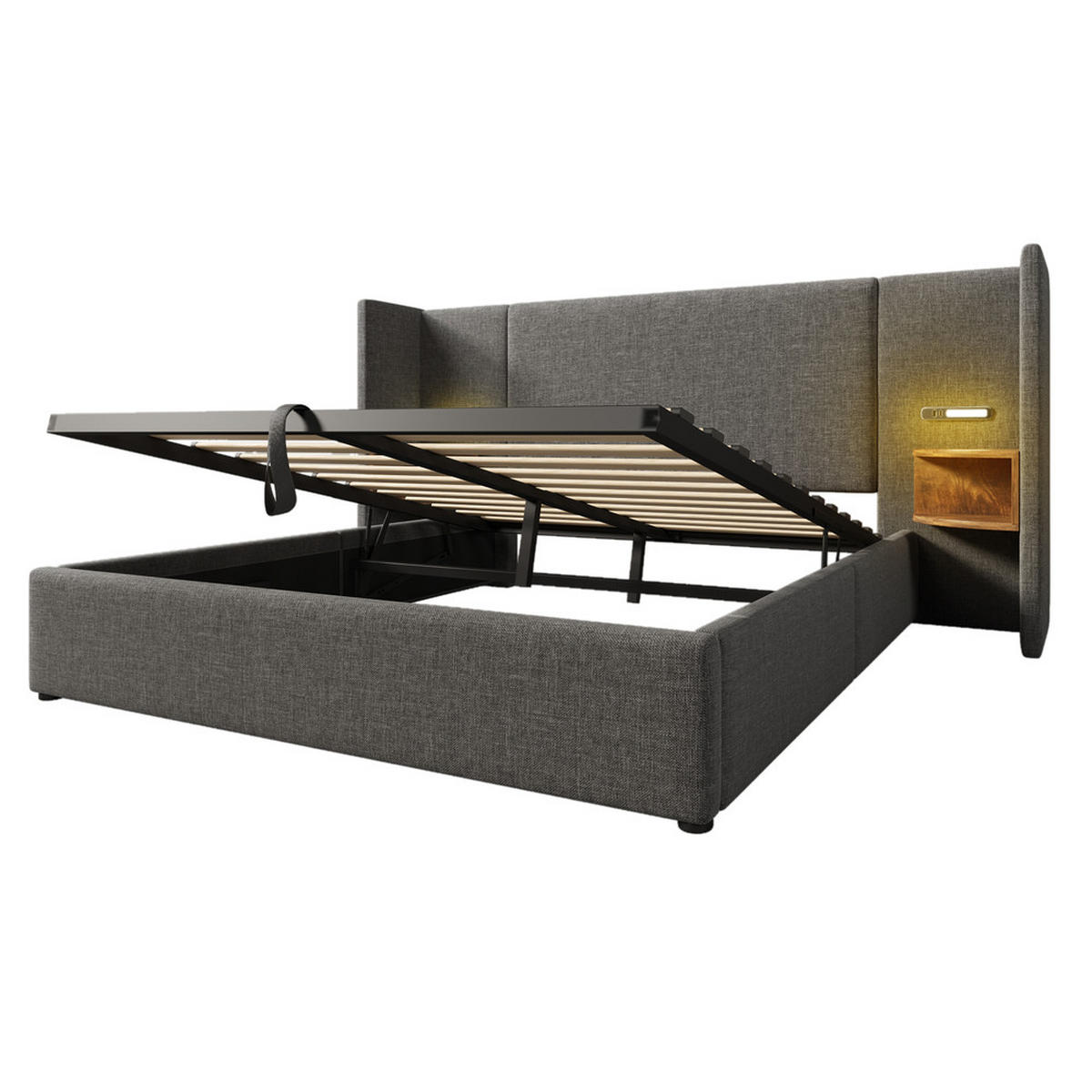 POLSTERBETT 160x200cm Doppelbett mit Nachttisch Leselampe & USB-C Grau - Grau, Holz - FLIEKS