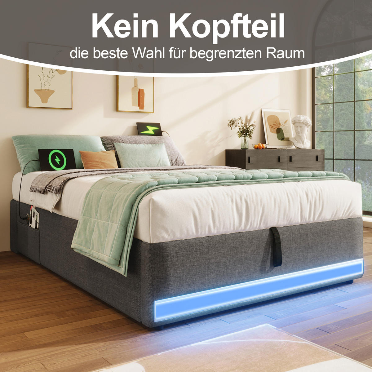 POLSTERBETT 90x200cm Grau LED-Leiste USB-C Hydraulik - Grau, Holz (90/200cm) - FLIEKS