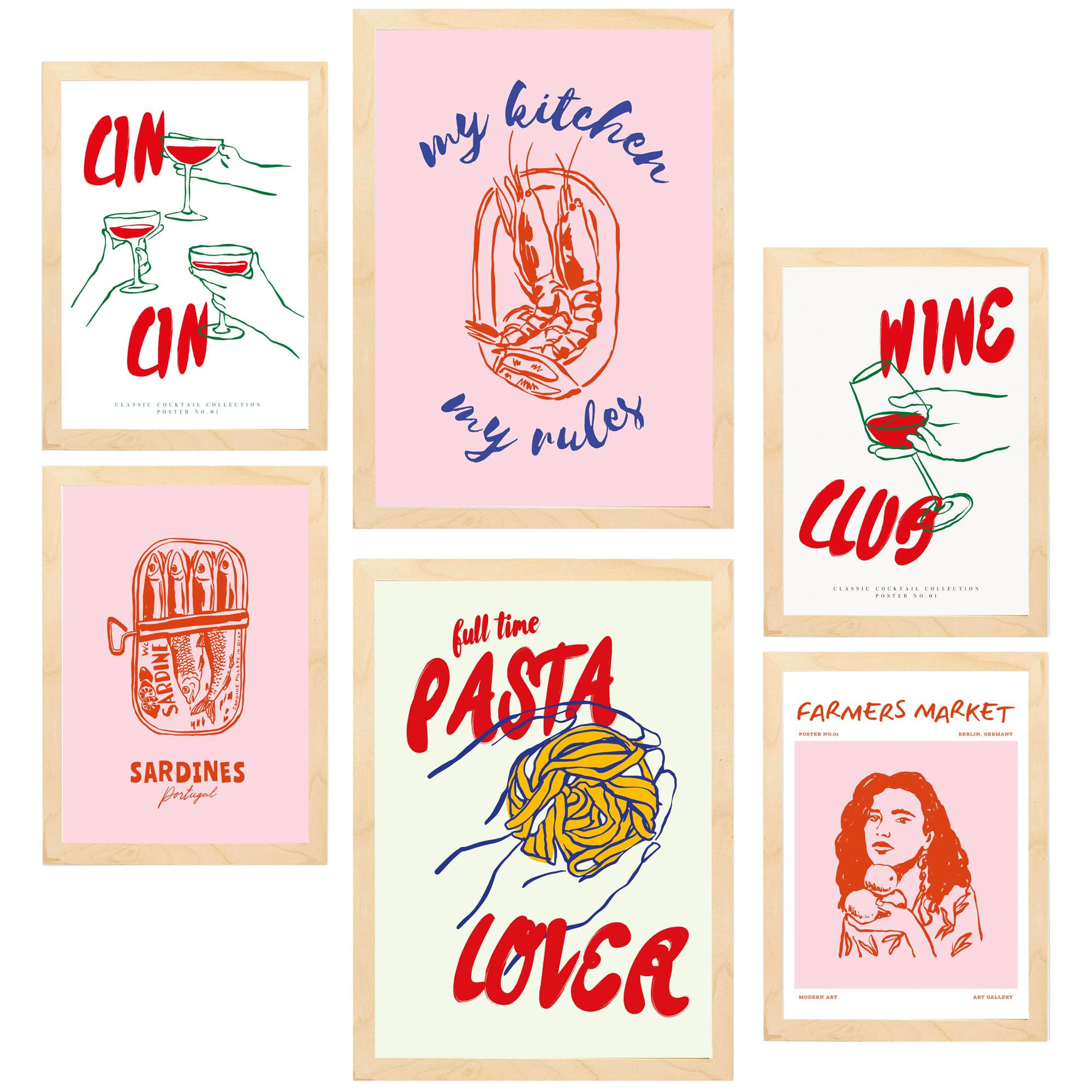 POSTER Set Mit 6 Von Lebensmitteln & Essen Im Pop Art In Rosatönen A3 & A4 Rahmen Aus Hellem Holz - Beige, Papier (29/3cm) - Nacnic