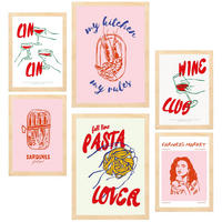POSTER Set Mit 6 Von Lebensmitteln & Essen Im Pop Art In Rosatönen A3 & A4 Rahmen Aus Hellem Holz - Beige, Papier (29/3cm) - Nacnic