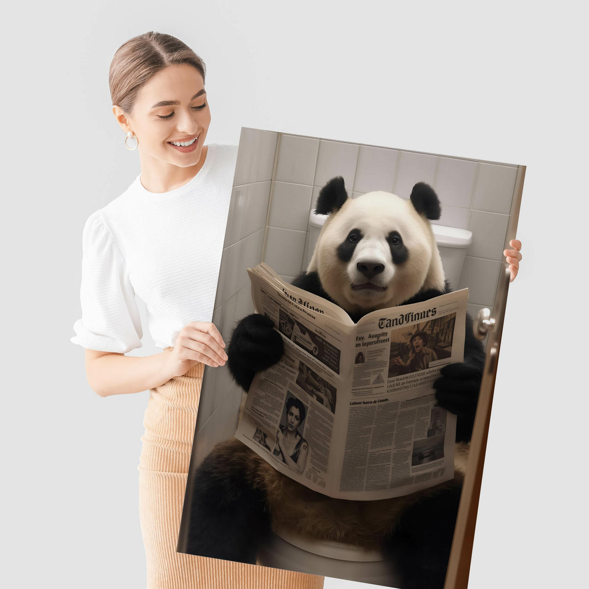 POSTER für Badezimmer WC PANDA auf Toilette mit Zeitung Abstraktion 30x40cm - Beige/Schwarz, Papier (30/40/40cm) - Muralo