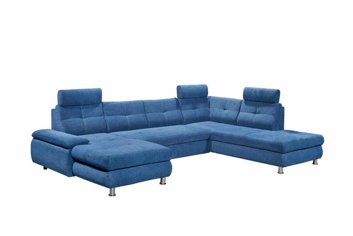 WOHNLANDSCHAFT mit Schlaffunktion, Bettkasten und verstellbaren Arm- und Kopflehnen - Chromfarben/Blau, Textil/Metall (233/88/349cm) - ed exciting design