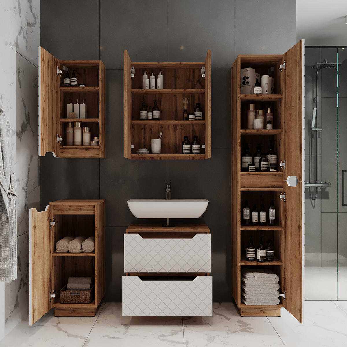 BADSCHRANK Lotta Eiche/Weiß mit Kachelstruktur 20 x 72.6 cm - Eichefarben/Weiß, Holzwerkstoff (20/72.6/33cm) - Vicco