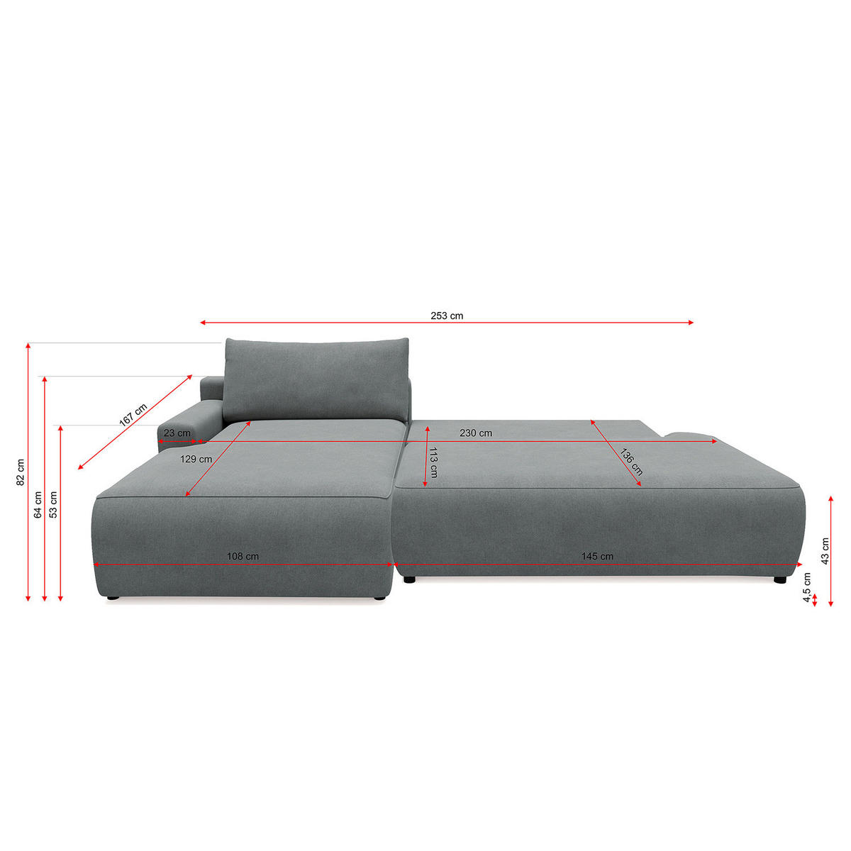 ECKSOFA mit Schlaffunktion - Longchair - Hellgrau/Schwarz, Kunststoff/Textil (253/167cm) - home24