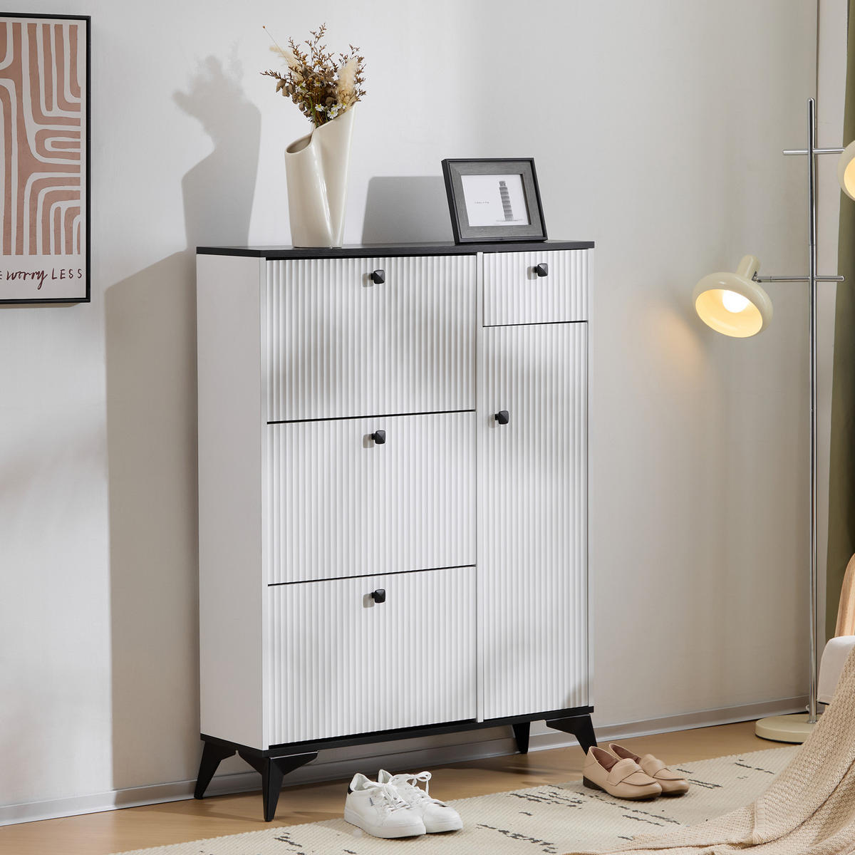 SCHUHSCHRANK 3 Klappen 1 Tür Weiß 90x25x121cm - Multicolor, Holzwerkstoff (30/121/90cm) - FLIEKS