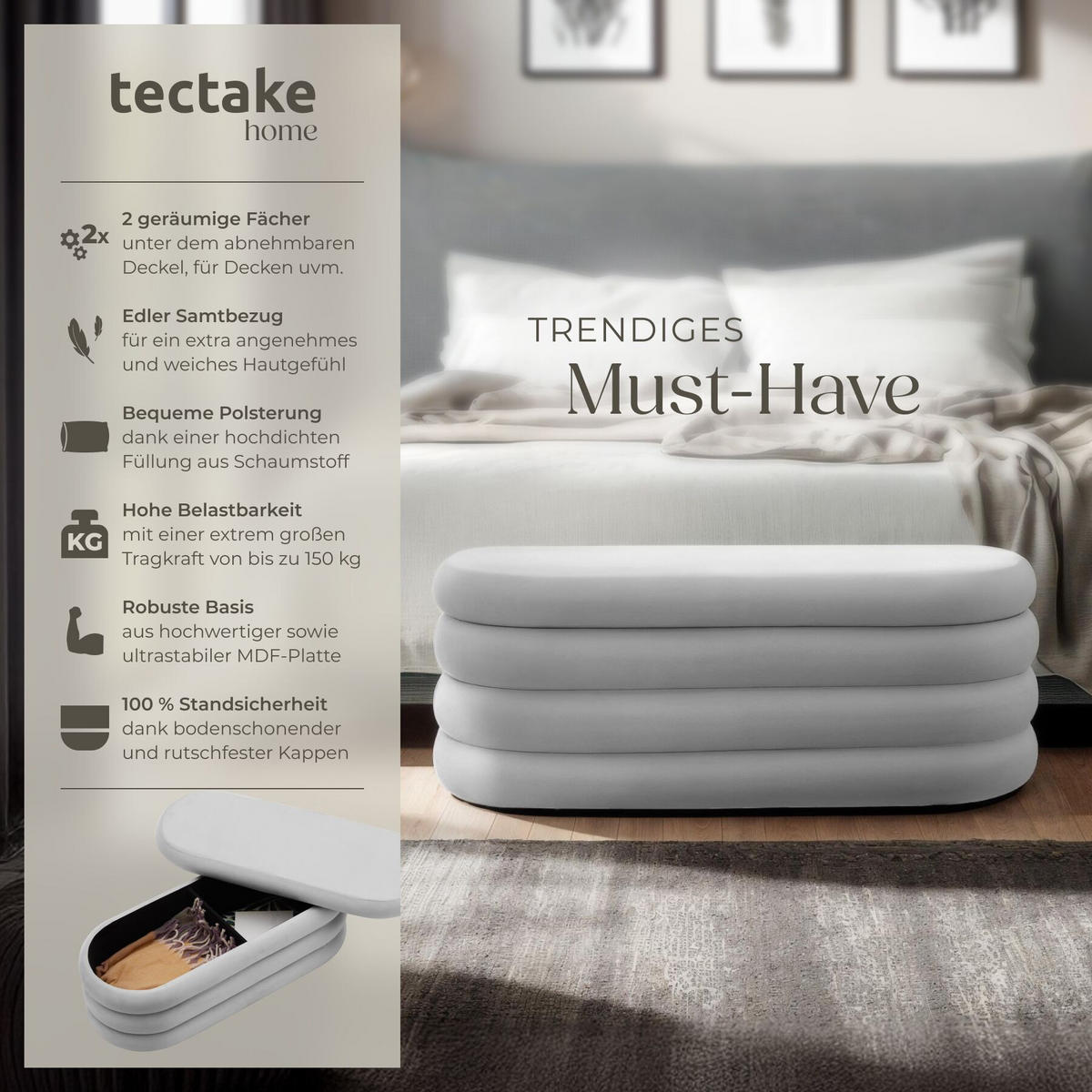 TRUHENBANK Altu,110 x 45 x 42 cm,Samtoptik grau - Samtahornfarben, Holz (110/42/45cm) - tectake