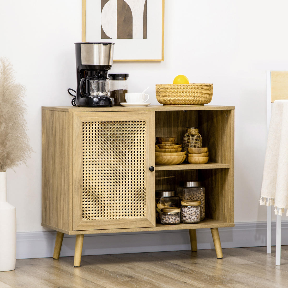 SIDEBOARD Holzoptik mit Rattan-Geflecht, 80/39/70 cm - Naturfarben, Holz (80/70/39cm) - PANGIVO