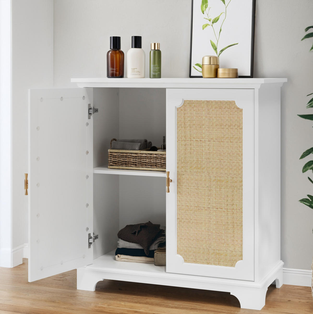 KOMMODE 80/38/86 cm, Rattan-Türen, Weiß, MDF/Spanplatte mit Massivholzbeinen, viel Stauraum, Weiß - Weiß, Holzwerkstoff (80/86/38cm) - Redom