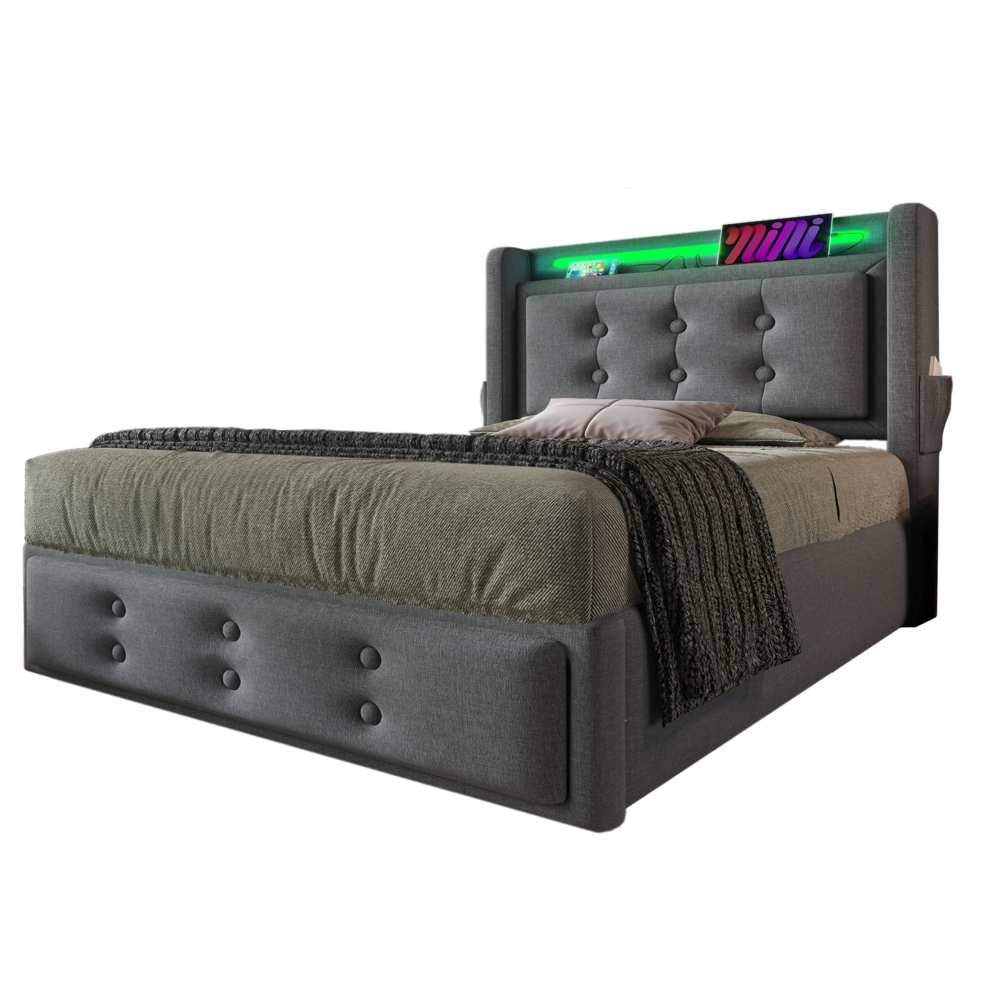 POLSTERBETT 90/200 cm Grau aus Baumwoll-Leinenstoff mit LED und Ladefunktion - Grau, Textil (90/200cm) - OKMYHOME