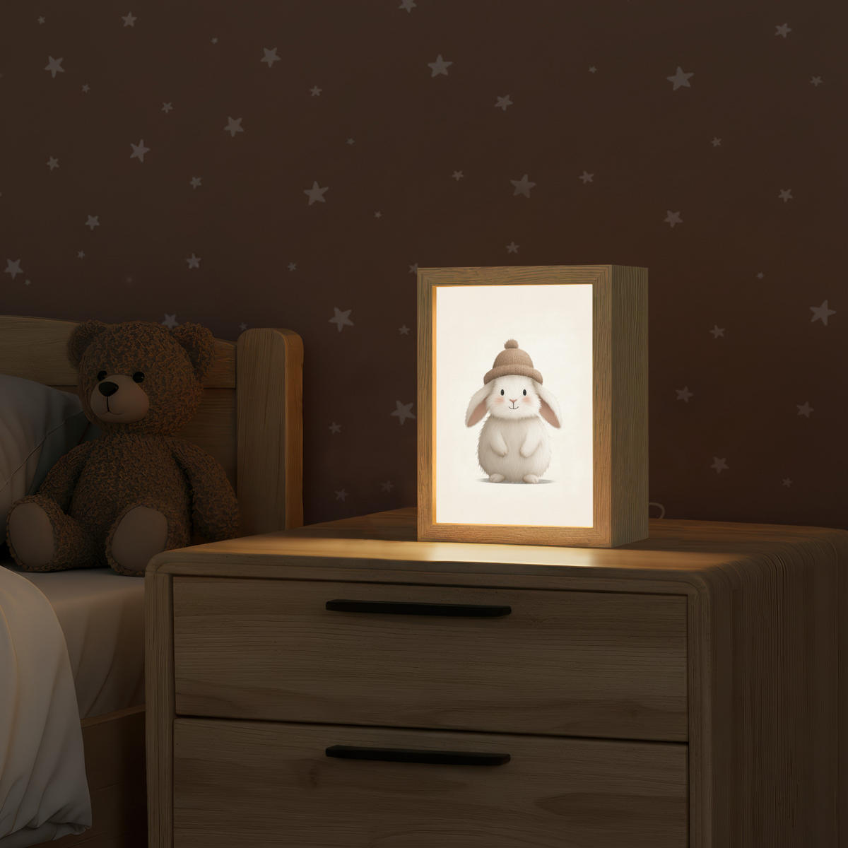 NACHTTISCHLAMPE Kaninchen - Hut - Ohren - Beige 15x20 cm - Creme, Holzwerkstoff (8/15/20cm)