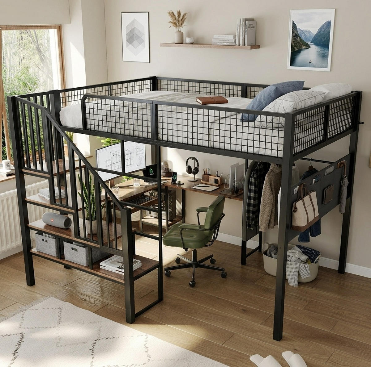 HOCHBETT aus Metall und Holz 140x200 cm Schwarz/Vintage mit Eckschreibtisch, Treppe und Ladeanschluss - Schwarz, Metall (140/200cm) - Modfu