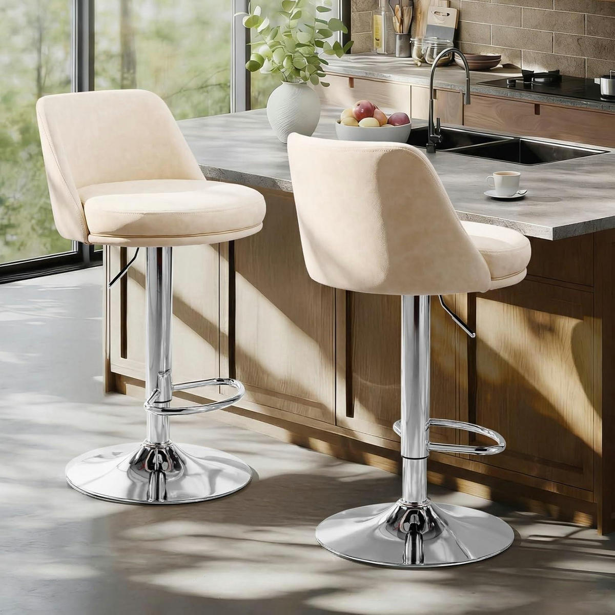 BARHOCKER 2er Set höhenverstellbar PU-Leder Beigeweiß - Beige, Kunststoff (48/85/45cm)