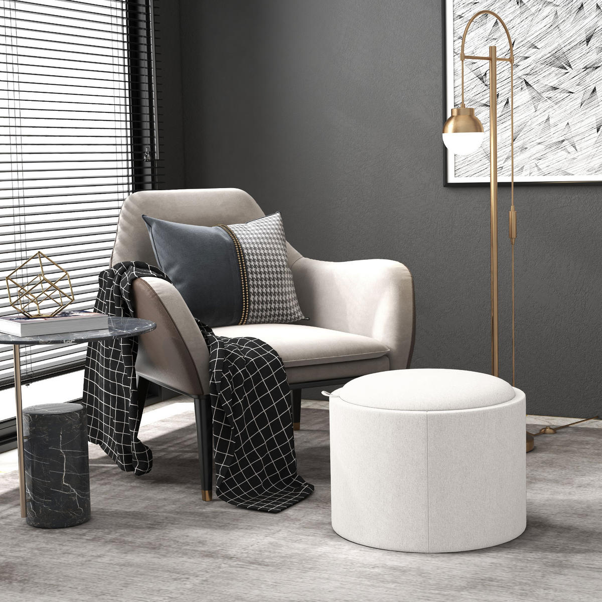 OTTOMANE Runder Sitzhocker Polsterhocker mit Stauraum, Klappdeckel, Creme - Creme, Textil (56/42/56cm) - HOMCOM