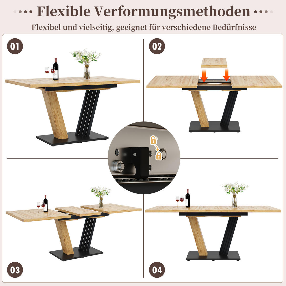 JEDÁLENSKÝ stôl 120/160/80/76 cm, MDF a kov, dekor dreva, rozkladací - prírodná farba, kompozitné drevo (120/80/76cm) - BEAOK
