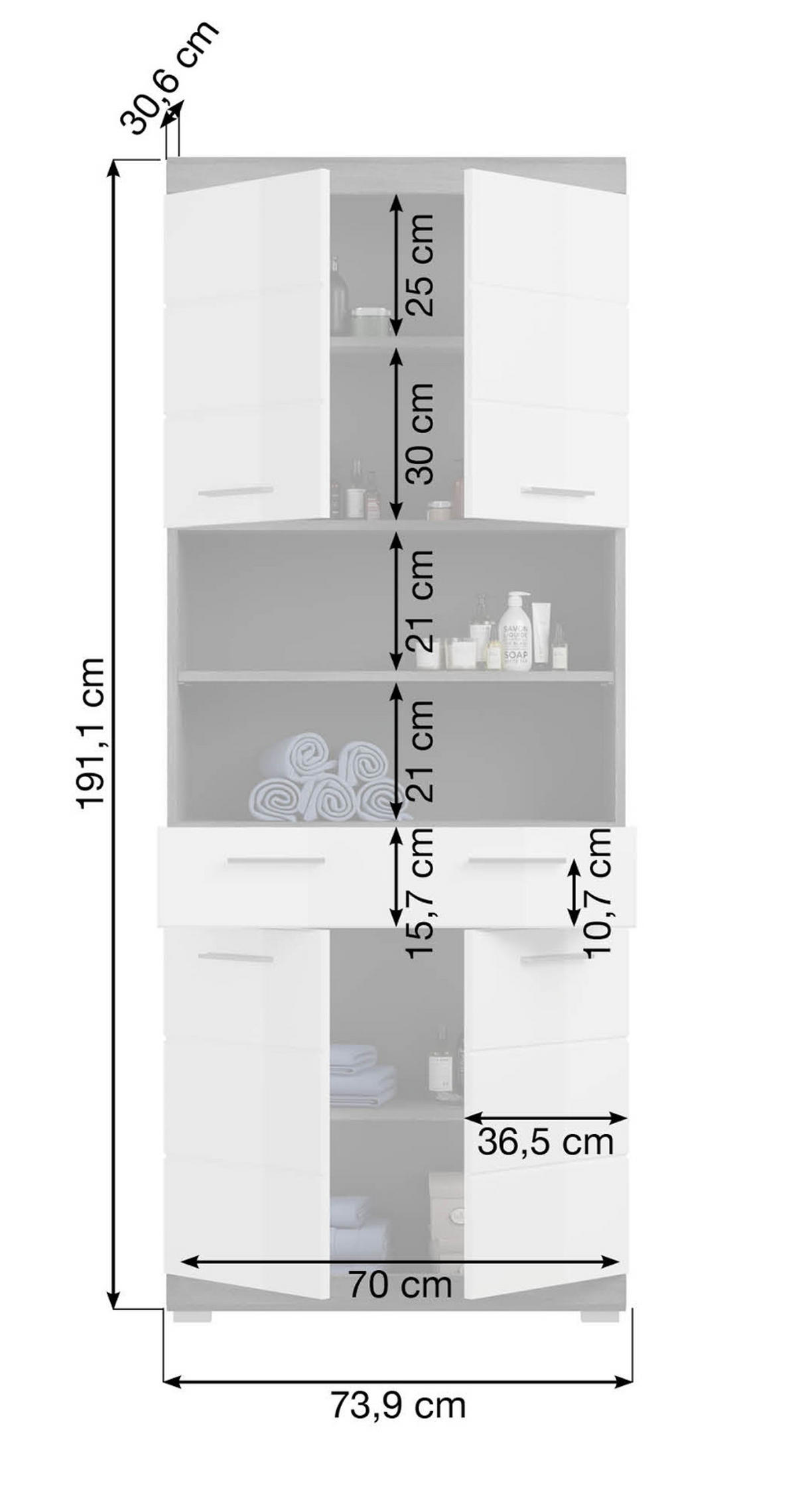 HOCHSCHRANK weiß Hochglanz, grau 4-türig 74 x 191 cm - Chromfarben/Weiß Hochglanz, Holzwerkstoff/Kunststoff (74/191/31cm) - Inn.Furn