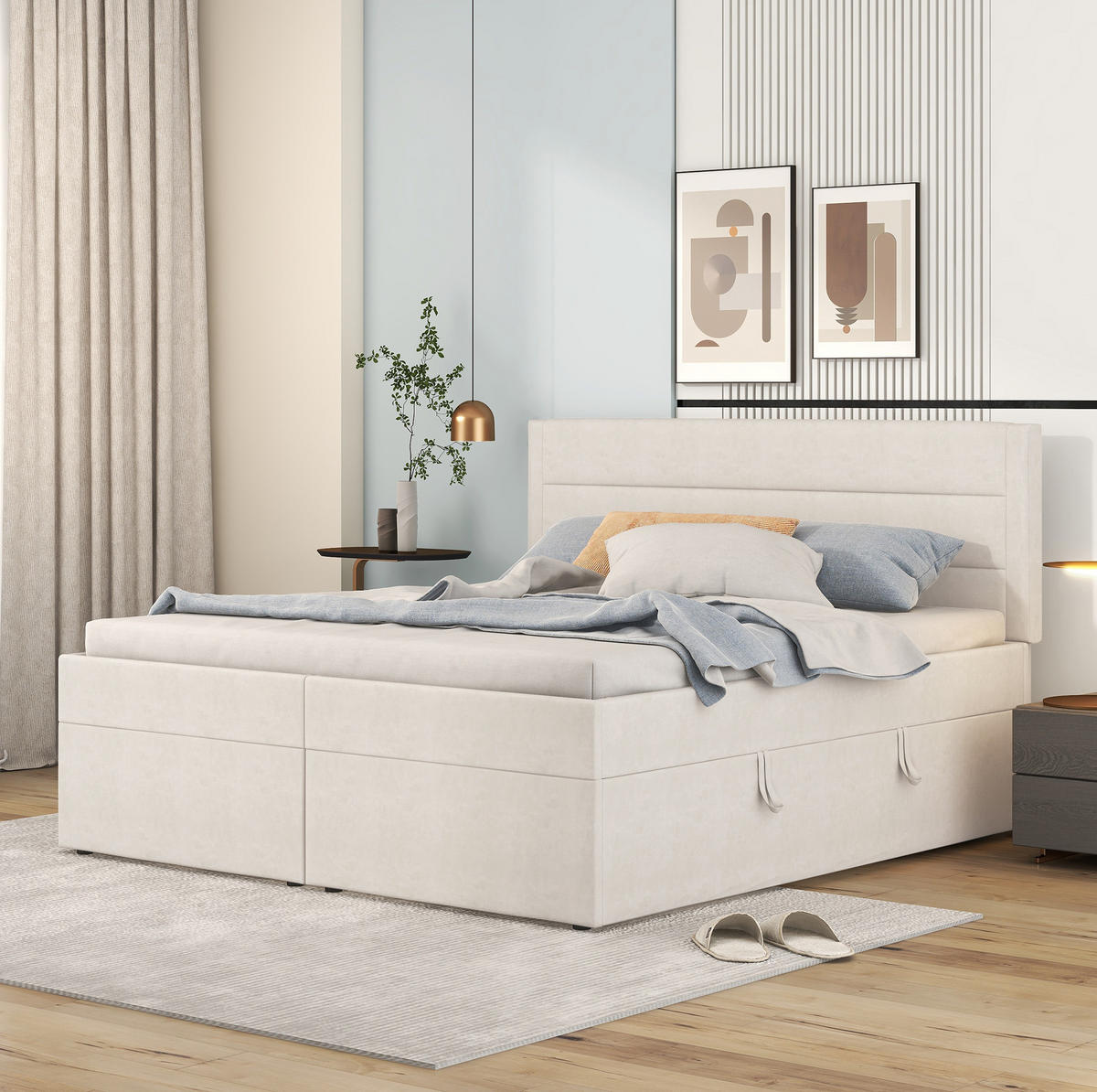 POLSTERBETT 140/200 cm Beige aus Leinen mit Bettkasten - Beige, Textil (140/200cm) - OKMYHOME