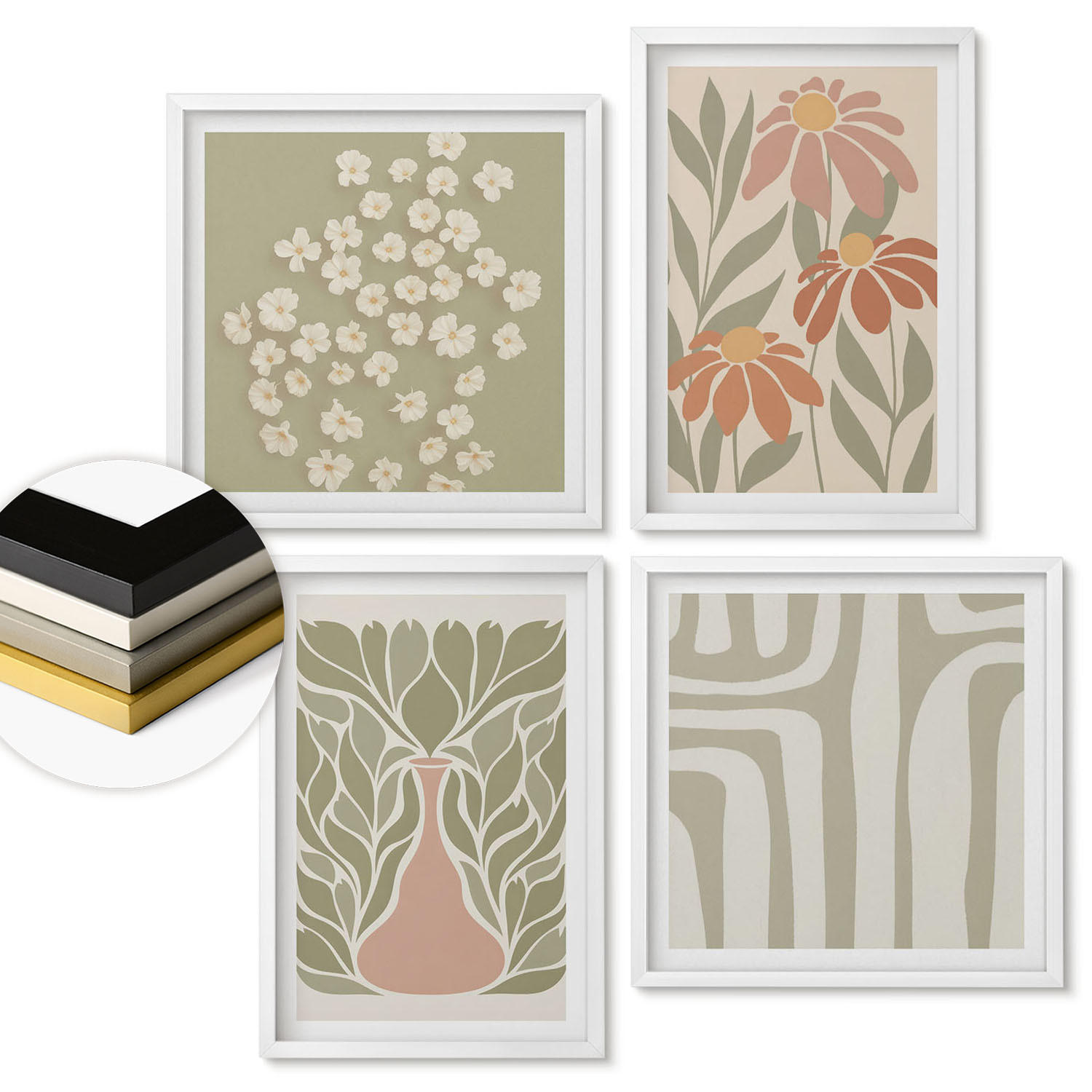 WANDBILDER 4er-Set - 50x50 cm & 40x60 cm Weißer Rahmen - Floraler minimalistischer Boho-Stil - Weiß, Kunststoff (50/50cm) - ArtPrintCave