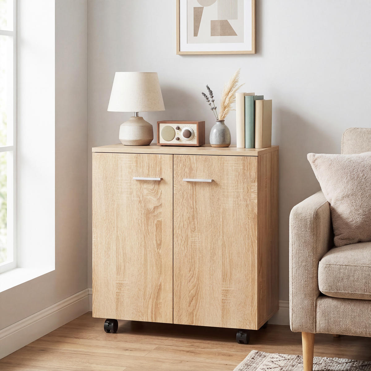 SIDEBOARD Naturfarben, 2 Türen, auf Rollen, 60/35/65 cm - Naturfarben, Holz (60/65/35cm) - PANGIVO
