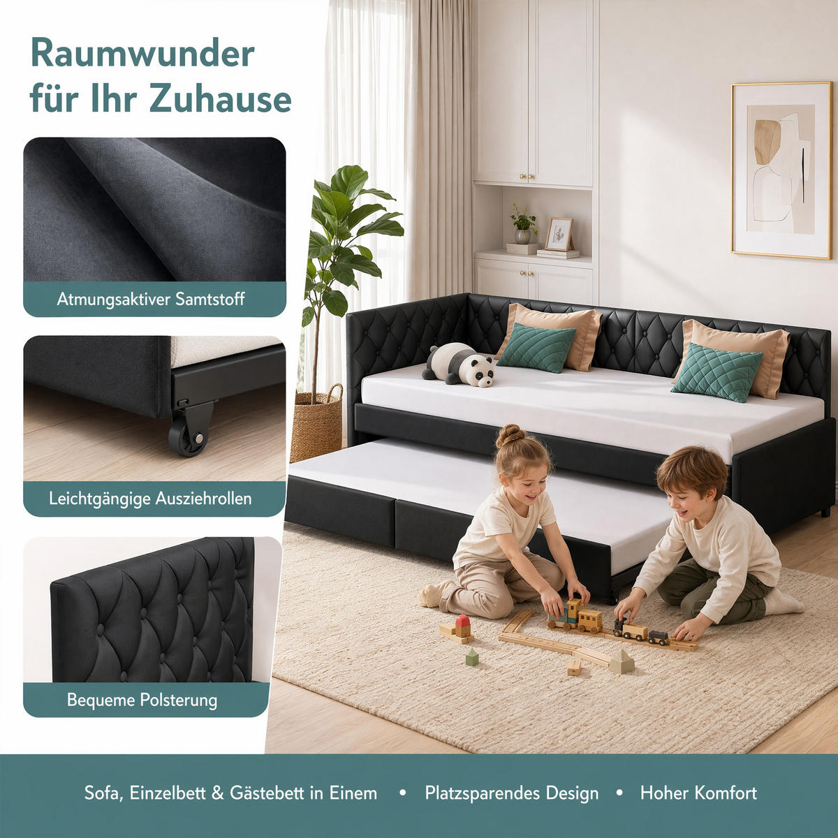 SCHLAFSOFA 2 sitzer, ausziehbar zum Bett 90(180)x200, mit Lattenrost, Samt Grau, für das Wohnzimmer - Grau, Holz/Textil (96/70/205cm) - GENKI LIVING