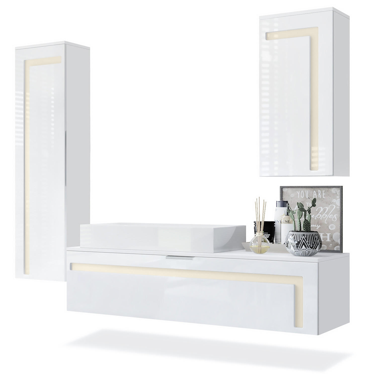 BADMÖBELSET Aloha Absetzungen in Creme Hochglanz - Creme, Holzwerkstoff (210/185/51cm) - Vladon
