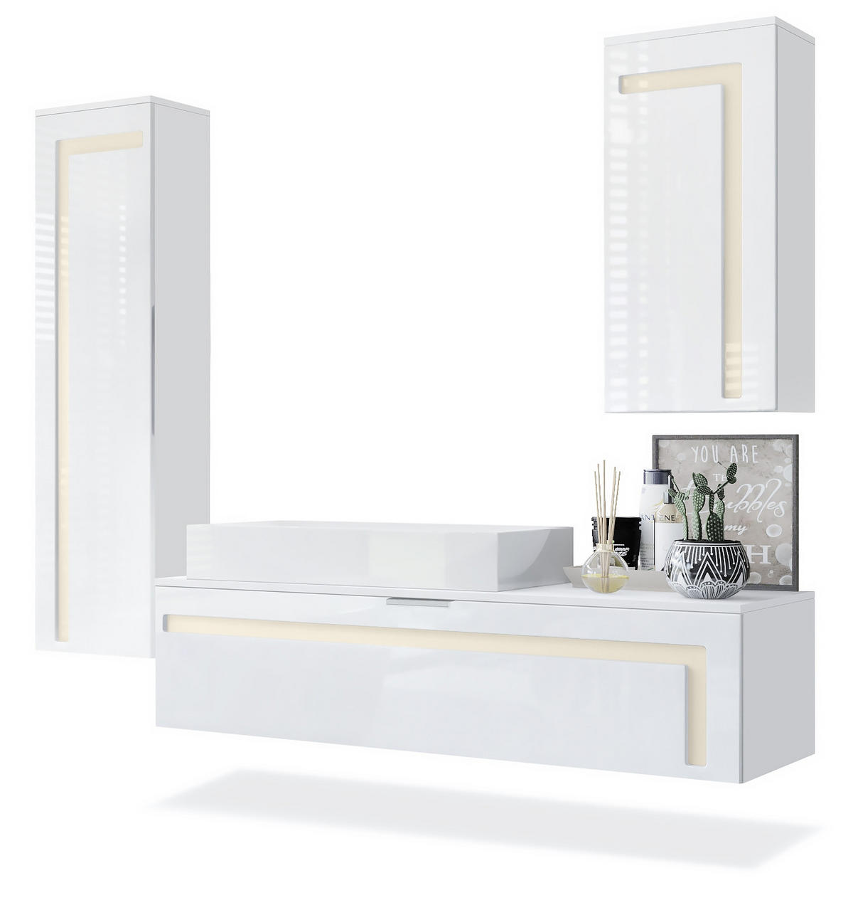BADMÖBELSET Aloha Absetzungen in Creme Hochglanz - Creme, Holzwerkstoff (210/185/51cm) - Vladon