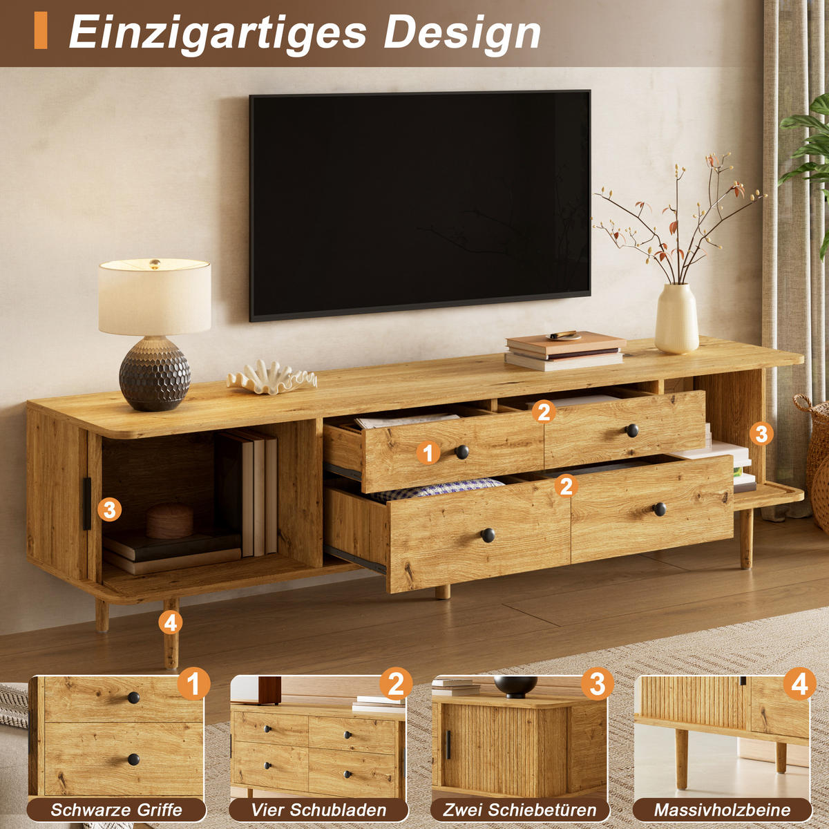 TV-LOWBOARD 165cm mit 4 Schubladen und 2 Schiebetüren - Naturfarben, Holzwerkstoff (165/46/40cm) - FLIEKS