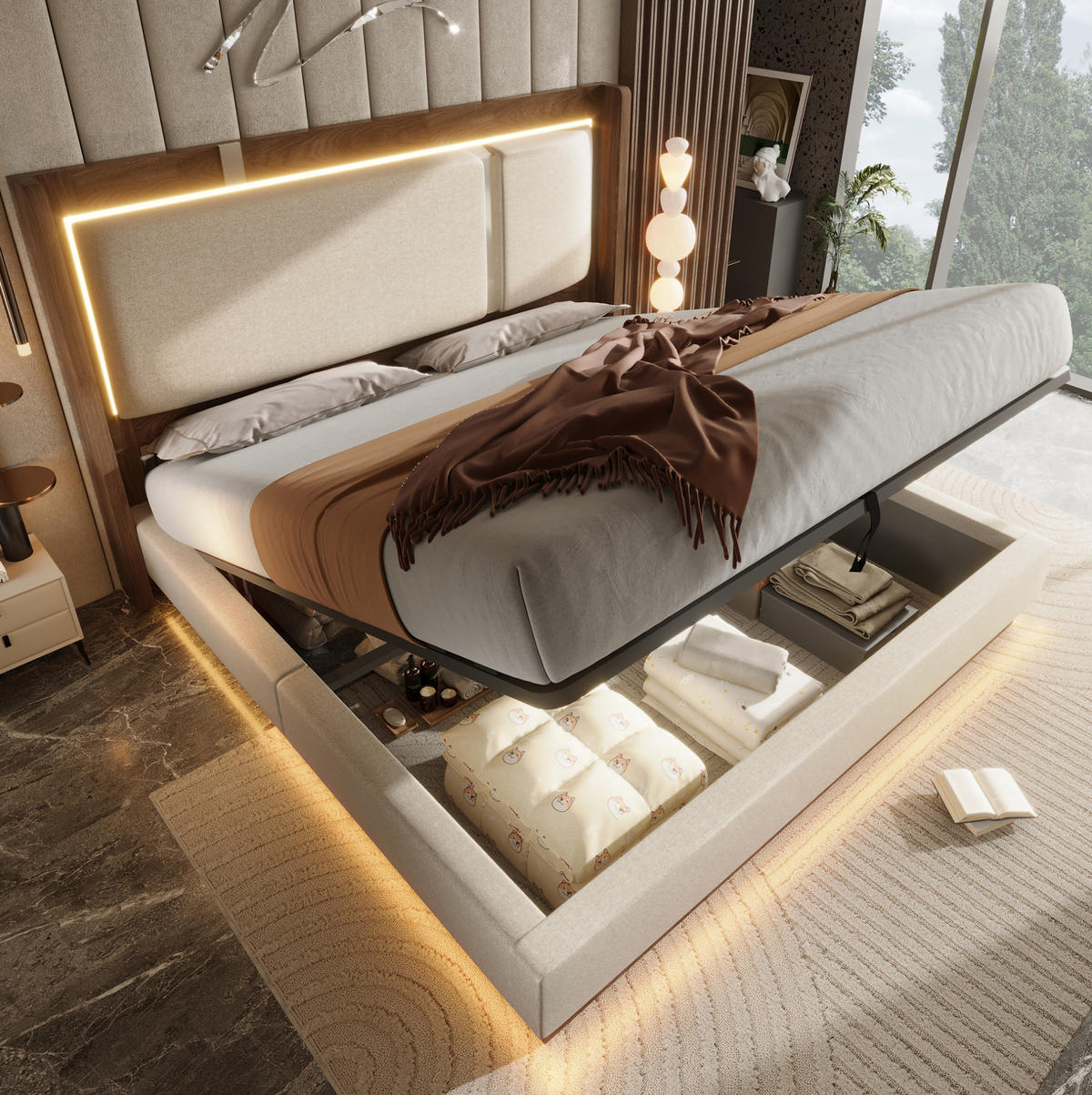 POLSTERBETT 140/190 cm aus Leinen und Holz mit LED und Bettkasten Beige - Beige, Textil (140/190cm) - Modenvie