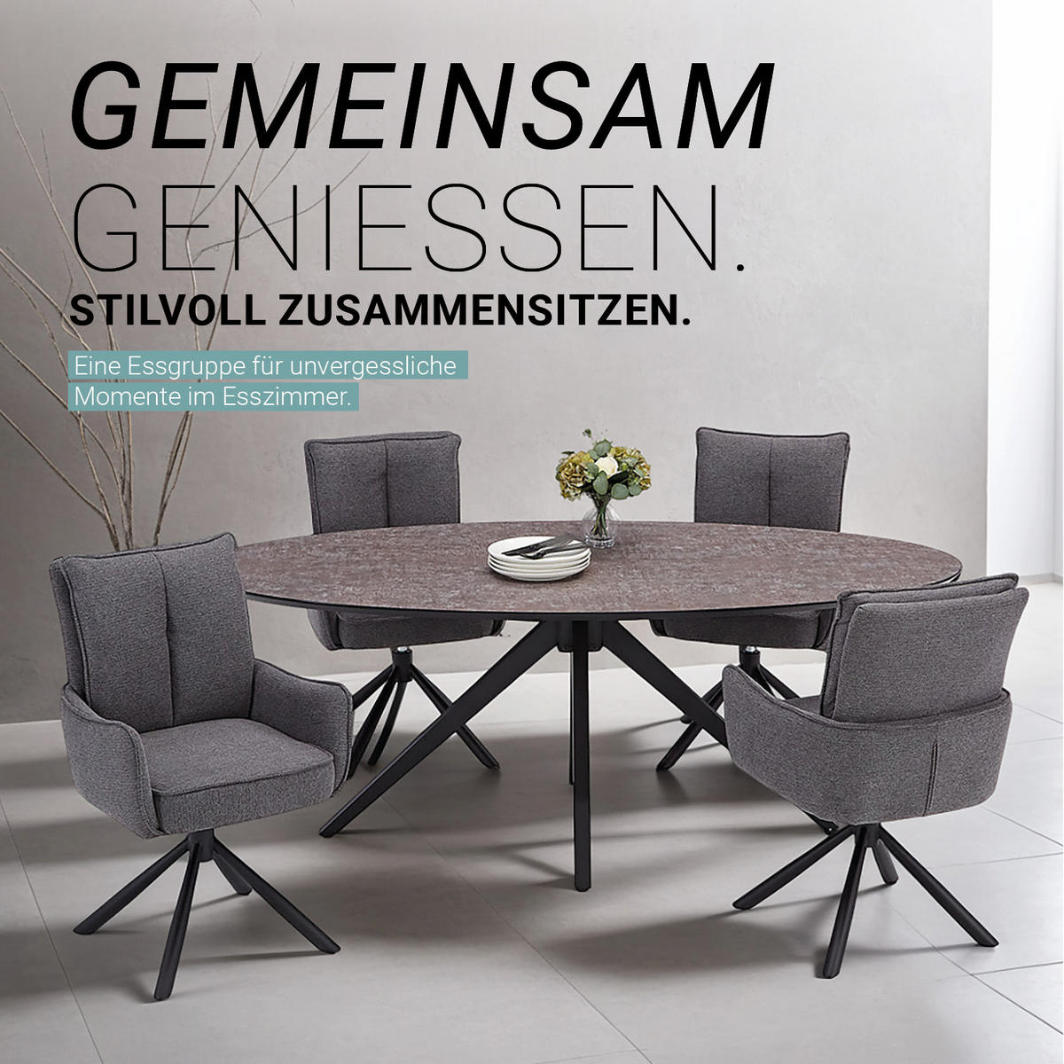 TISCHGRUPPE oval braun schwarz mit 4 Stühle Anthrazit - Anthrazit/Braun, Metall (95/94/200cm) - Homestyle4u