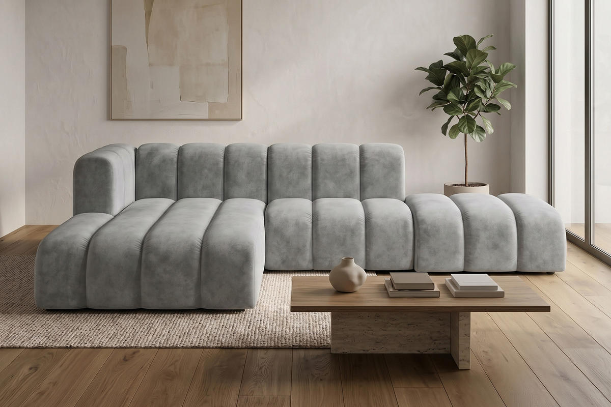 ECKSOFA Modulares In L-Form Mit Hocker, Velvet-Stoff Riviera, Grau, Links, GRAND Mini - Grau, Holz (295/179cm) - Kaiser Möbel