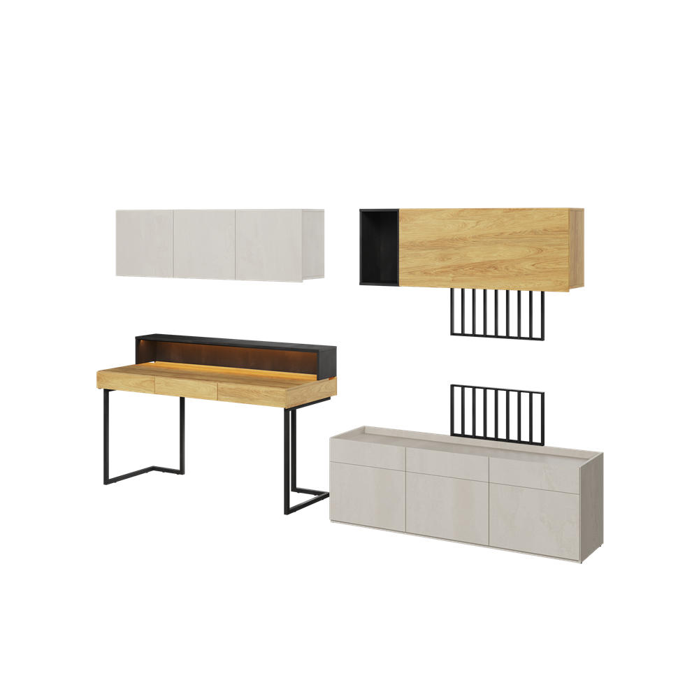 Meblini Kinderzimmer-Set Kaschmir, Eiche, Schwarz 300x193x61 cm