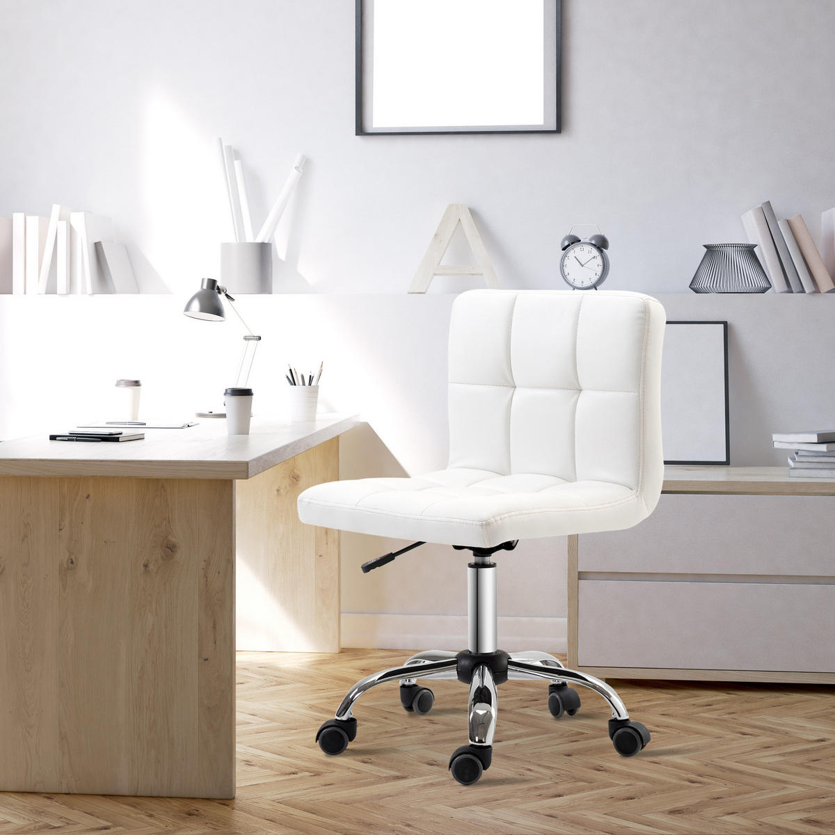 BÜROSTUHL, Ergonomischer Schreibtischstuhl ohne Armlehne für Büro, Kunstleder - Weiß, Kunststoff (46/92/51cm) - HOMCOM