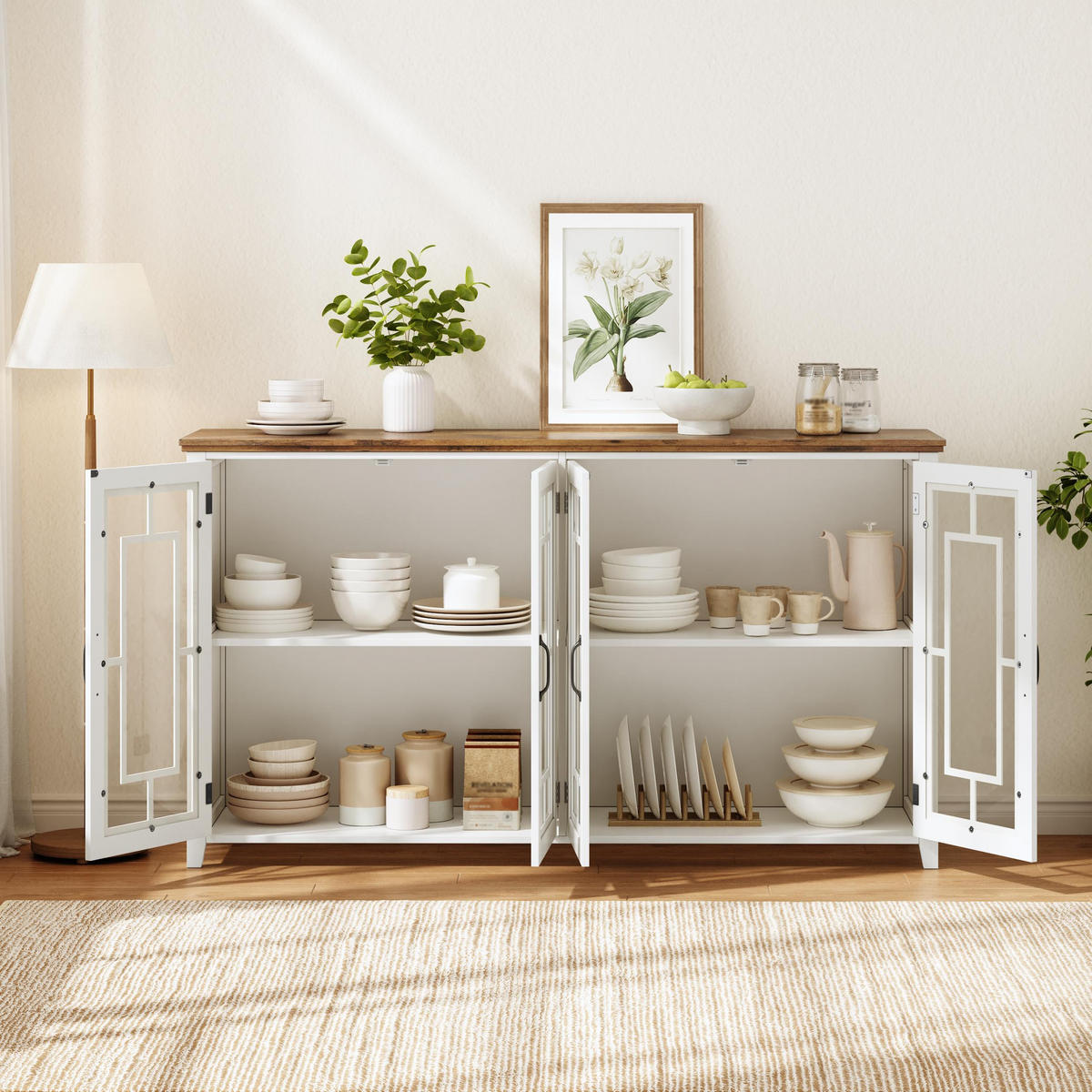 GESCHIRRSCHRANK 160 cm MDF Weiß mit Glastüren und Holzoptik-Arbeitsplatte - Weiß, Holzwerkstoff (40/86/160cm) - Korfee